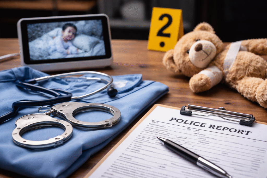 Crime-related items on a table including handcuffs, medical scrubs, a stethoscope, and a police report clipboard, alongside a stuffed teddy bear with a bandaged arm and a baby monitor in the background, symbolizing a home-care abuse investigation.