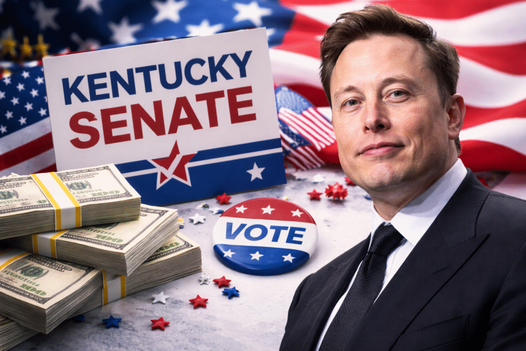 Elon Musk standing beside a Kentucky Senate campaign sign, stacks of U.S. dollar bills, a “Vote” button, and an American flag backdrop, symbolizing major political donations and influence in a U.S. Senate race.