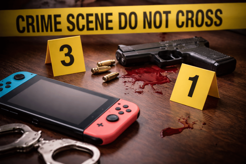 A staged crime scene image showing a Nintendo Switch, a handgun, loose ammunition, evidence markers, and crime scene tape on a wooden surface, symbolizing a fatal domestic shooting investigation involving a child and firearm access.