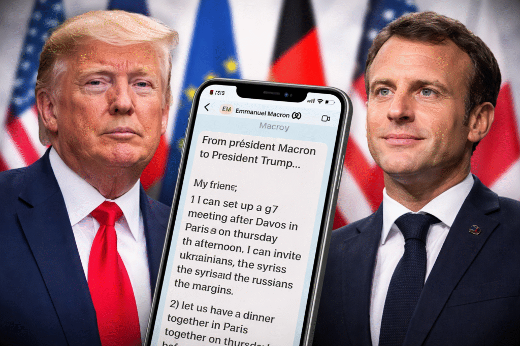 Donald Trump and French President Emmanuel Macron standing side by side in formal attire, with blurred G7 nation flags in the background, symbolizing diplomatic engagement between the United States and France.