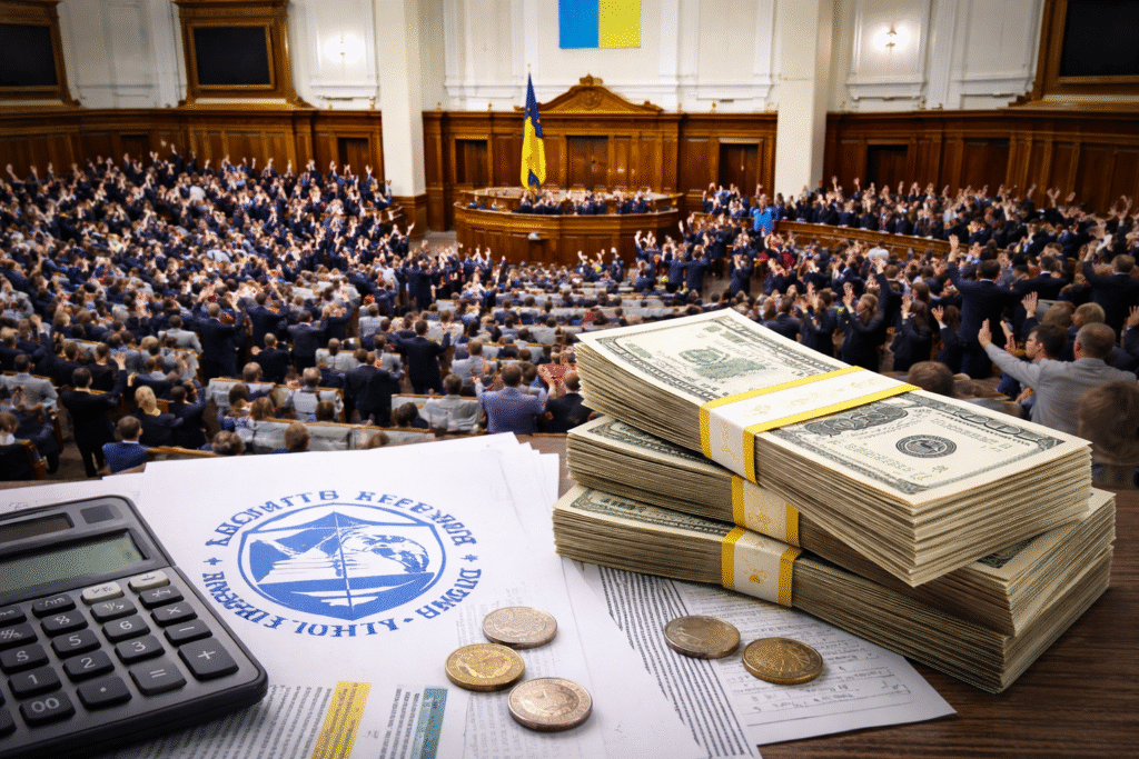Stacks of U.S. dollar bills and IMF documents in the foreground with Ukraine’s parliament in session in the background, symbolizing the risk to international funding amid legislative delays.