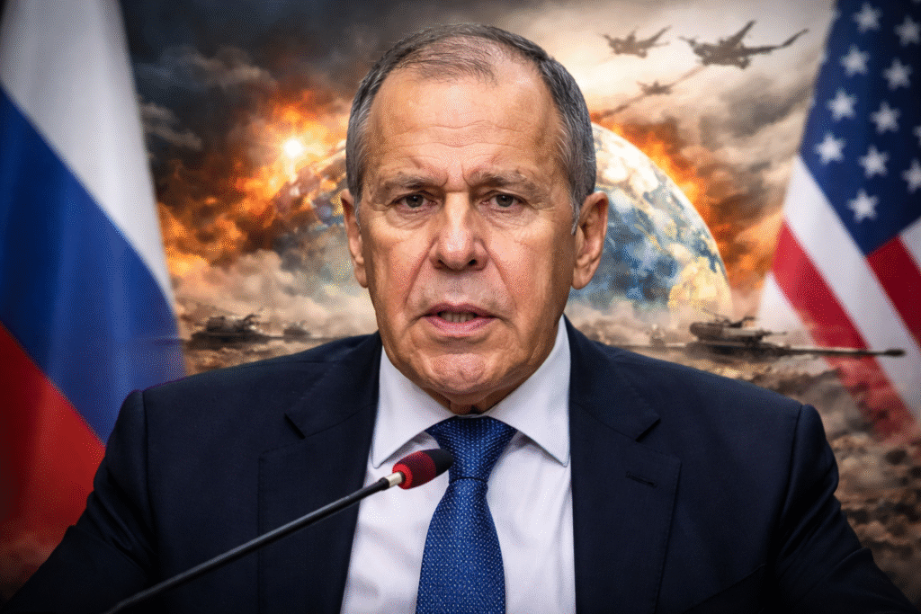 Russian Foreign Minister Sergey Lavrov speaking at a press conference, with Russian and U.S. flags and a dramatic global backdrop behind him, symbolizing tensions over the international order and global power politics.