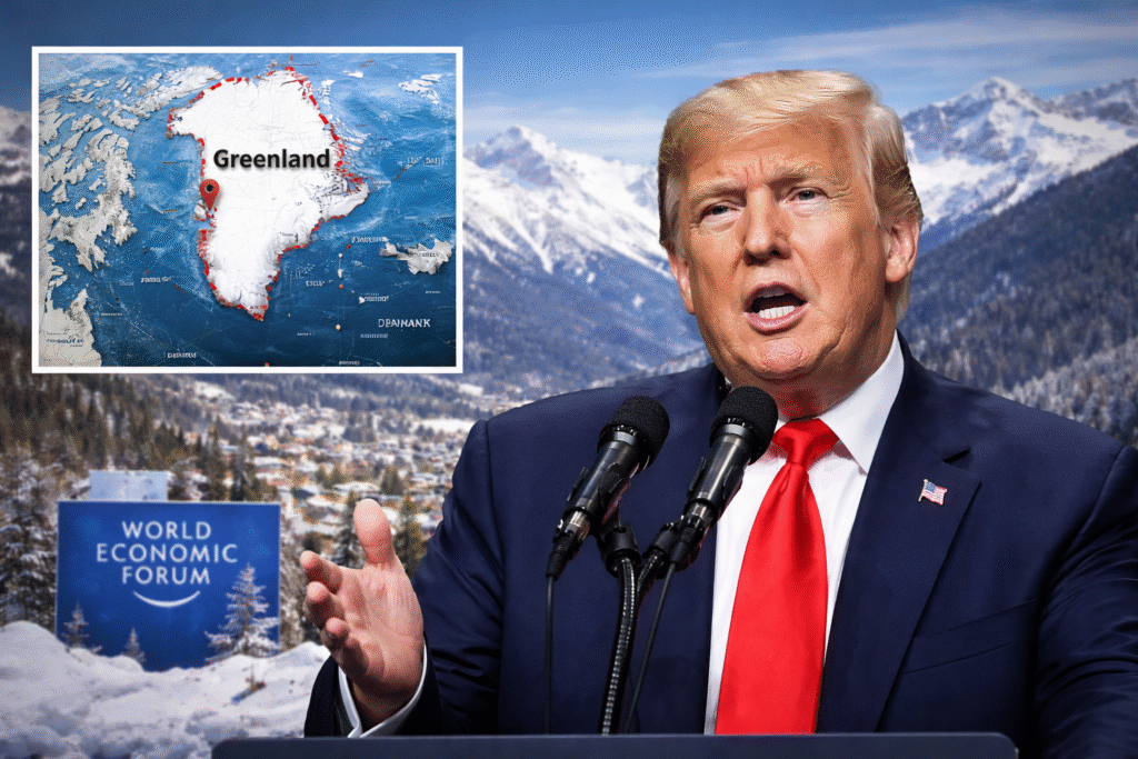 Donald Trump speaking at the World Economic Forum in Davos with microphones, snowy Alpine mountains in the background, and a Greenland map inset, illustrating U.S. strategic focus on Arctic security.