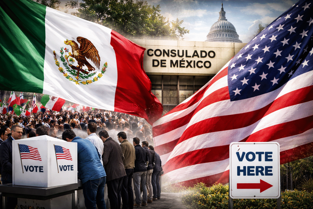 Composite image showing the Mexican and U.S. flags, a Mexican consulate building, a line of voters at a polling station, and the U.S. Capitol in the background, illustrating claims of foreign influence and election activity in the United States.