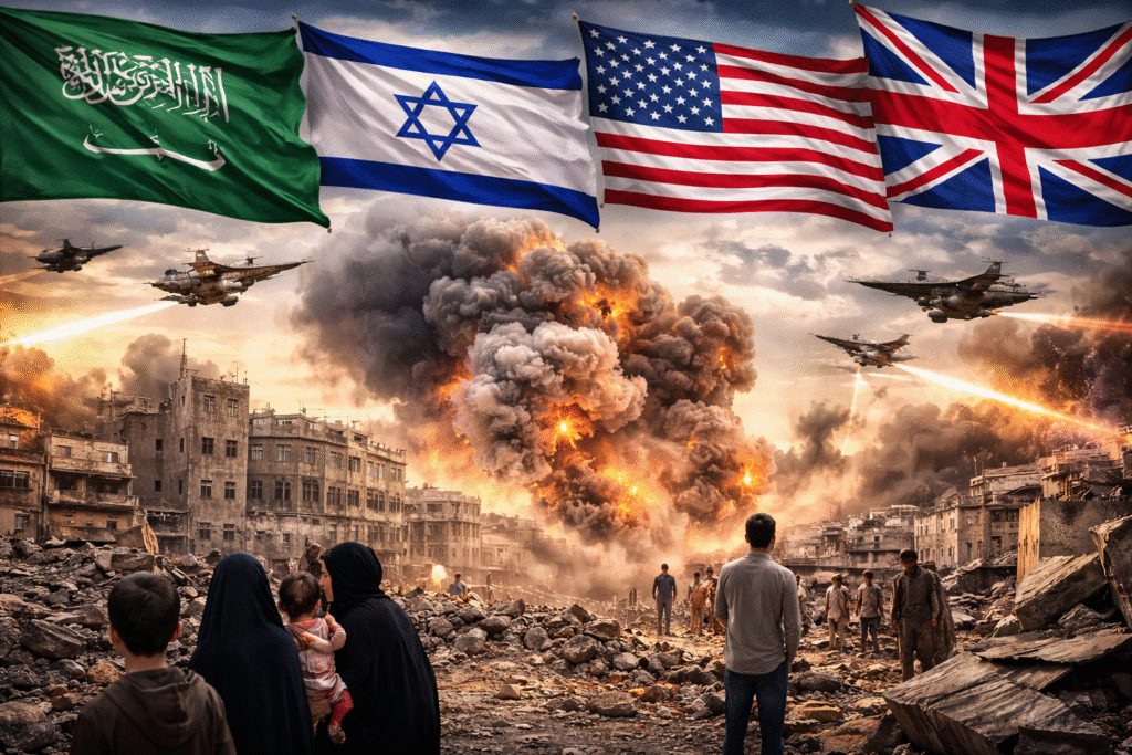 Composite image showing airstrikes over a damaged Yemeni city with smoke and explosions rising from buildings, fighter jets overhead, and the flags of Saudi Arabia, Israel, the United States, and the United Kingdom above, illustrating renewed military action and civilian impact in Yemen.