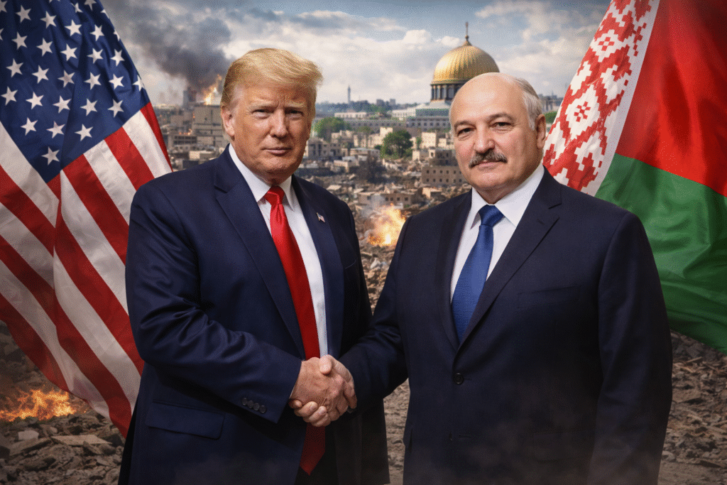 Donald Trump and Belarusian President Alexander Lukashenko shaking hands in formal attire, with U.S. and Belarus flags behind them and a Middle East cityscape in the background, symbolizing diplomatic engagement related to a proposed international peace initiative.