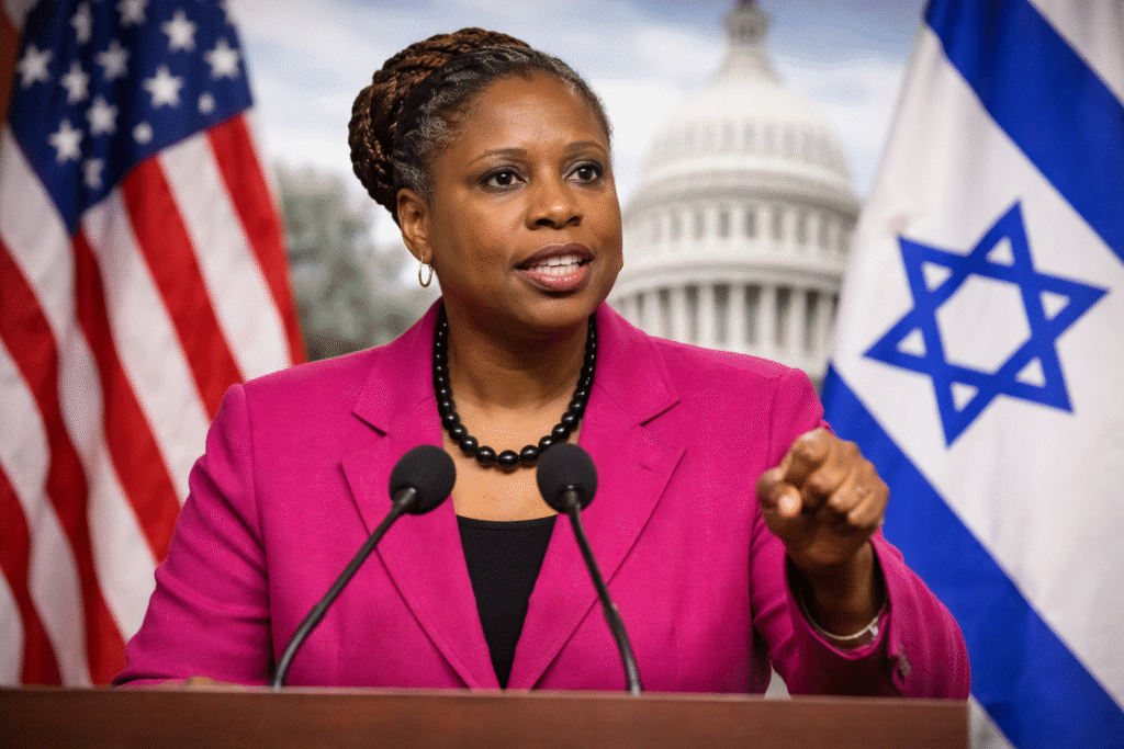 Former U.S. Congresswoman Cynthia McKinney speaking at a podium with microphones, with the U.S. Capitol building and American and Israeli flags visible in the background, illustrating a political discussion on U.S. foreign policy and congressional influence.