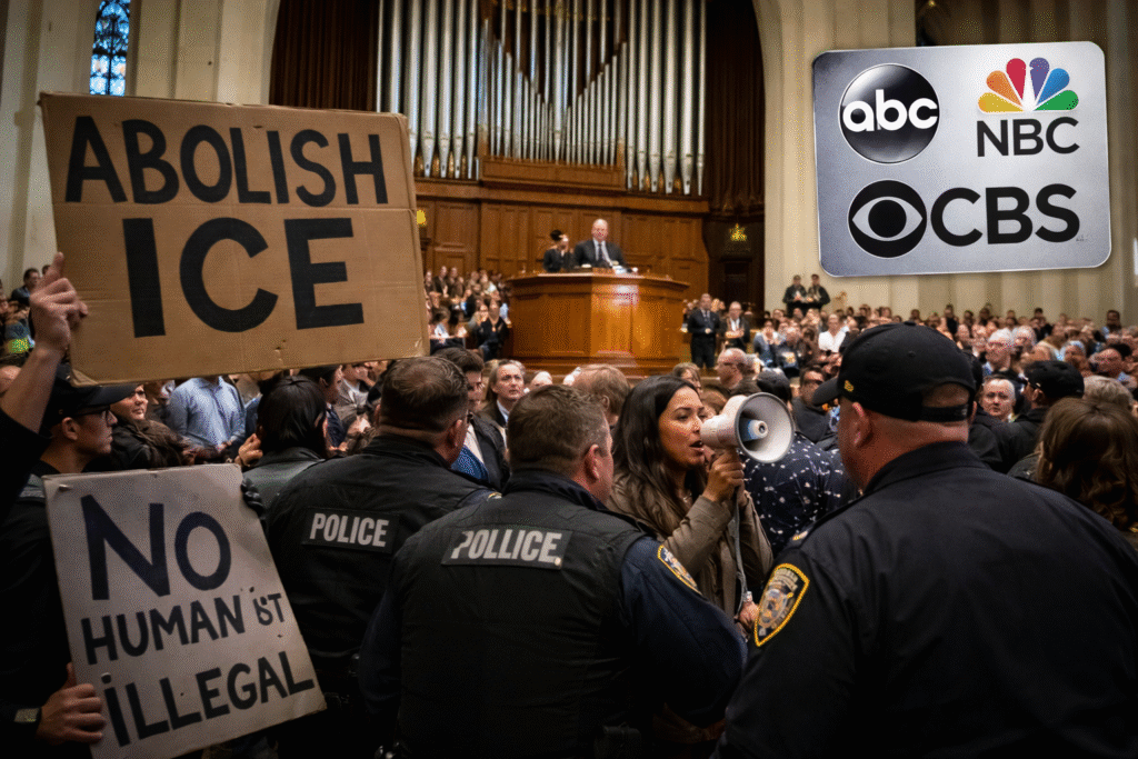 Anti-ICE protesters inside a church holding protest signs while police officers stand between demonstrators and congregants, with a church sanctuary visible in the background and network television logos shown to illustrate media coverage of the incident.