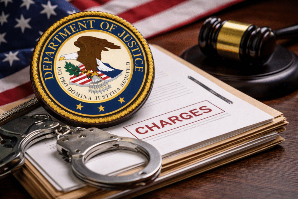 Close-up of the U.S. Department of Justice seal resting on legal documents labeled “charges,” with handcuffs, a judge’s gavel, and an American flag in the background, symbolizing federal prosecution and enforcement of civil rights laws.