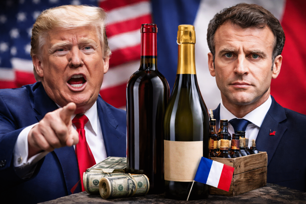 Composite news-style image showing Donald Trump and French President Emmanuel Macron facing forward with serious expressions, French wine bottles in the foreground, U.S. dollar bills on a table, and American and French flags in the background, symbolizing diplomatic and trade tensions between the United States and France.