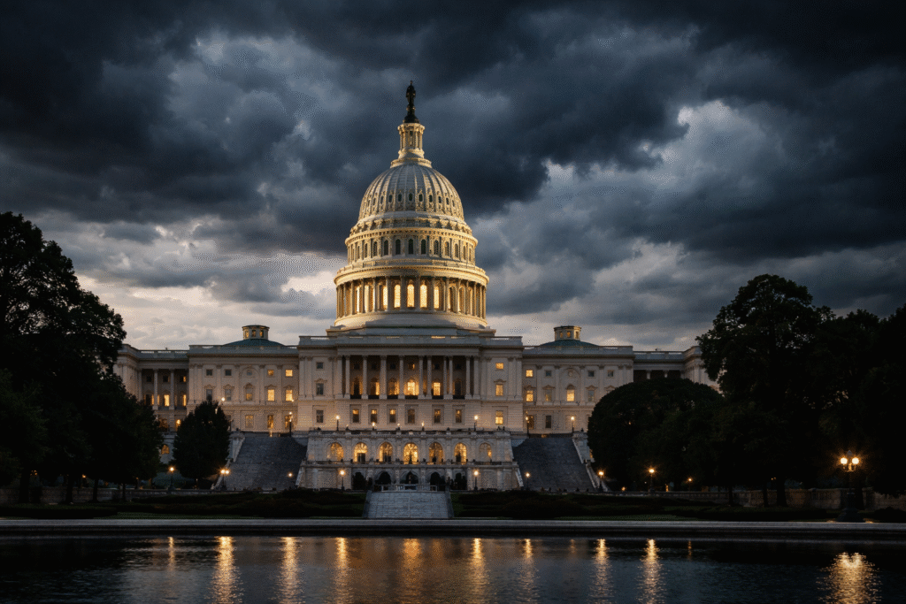U.S. Capitol building at dusk with dark clouds, representing stalled budget talks and potential government shutdown.