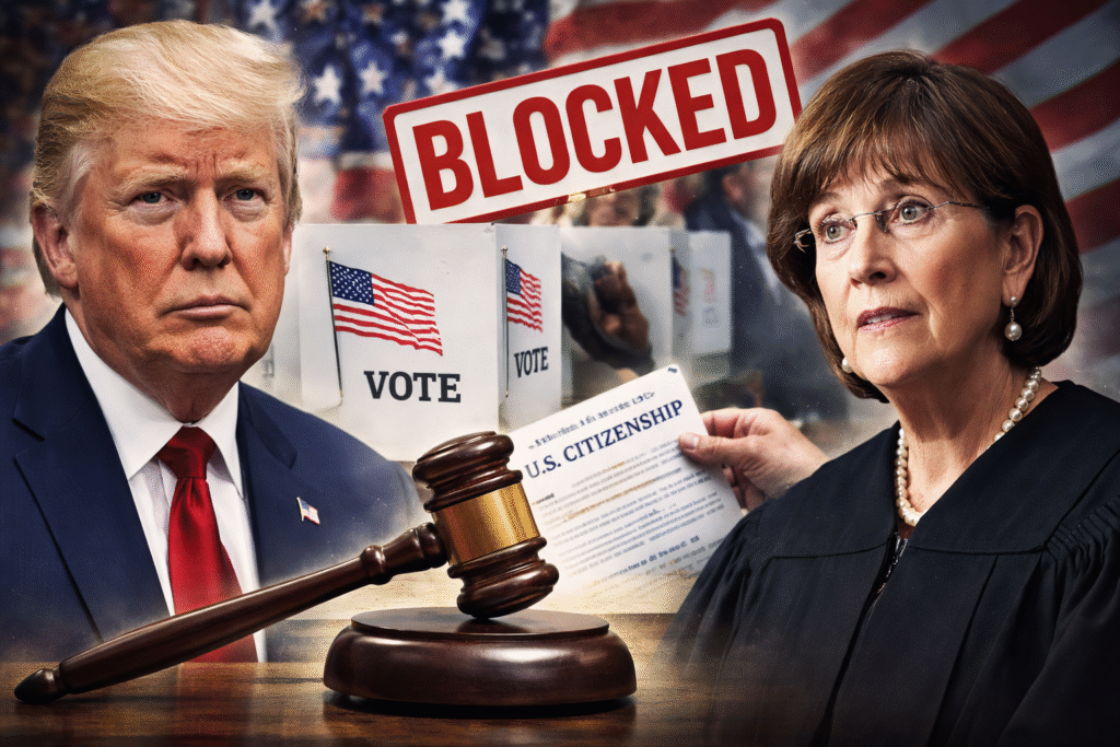 Composite image showing President Donald Trump and Judge Colleen Kollar-Kotelly facing each other, with a voting booth, U.S. flag, a judge’s gavel, and a document labeled U.S. citizenship in the foreground, representing a court ruling blocking a voting requirement.