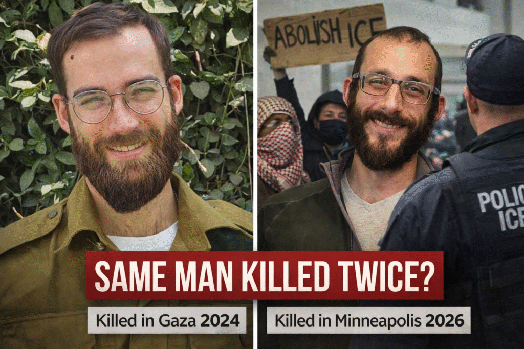 Side-by-side composite image showing two photographs of a bearded man wearing glasses: one in a military-style uniform outdoors with greenery behind him, and another in casual clothing at a protest scene with police visible in the background, presented as a visual comparison tied to separate reported incidents.