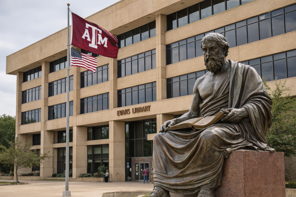 A statue of the philosopher Plato sits outside Evans Library at Texas A&M University, with the campus building and flags visible in the background under an overcast sky. If you want it shorter or more neutral/clinical, I can tighten it further while keeping Yoast and accessibility standards intact.
