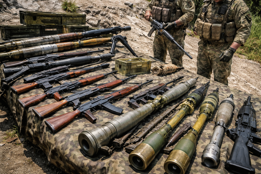 Photograph of diverse small arms and mortars, including Chinese and Iranian models, displayed by military personnel for inspection.