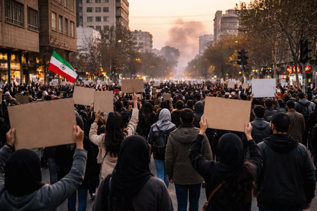 Iranian protesters march on a wide city street in Tehran, holding signs and walking past buildings under evening light, symbolizing ongoing demonstrations.