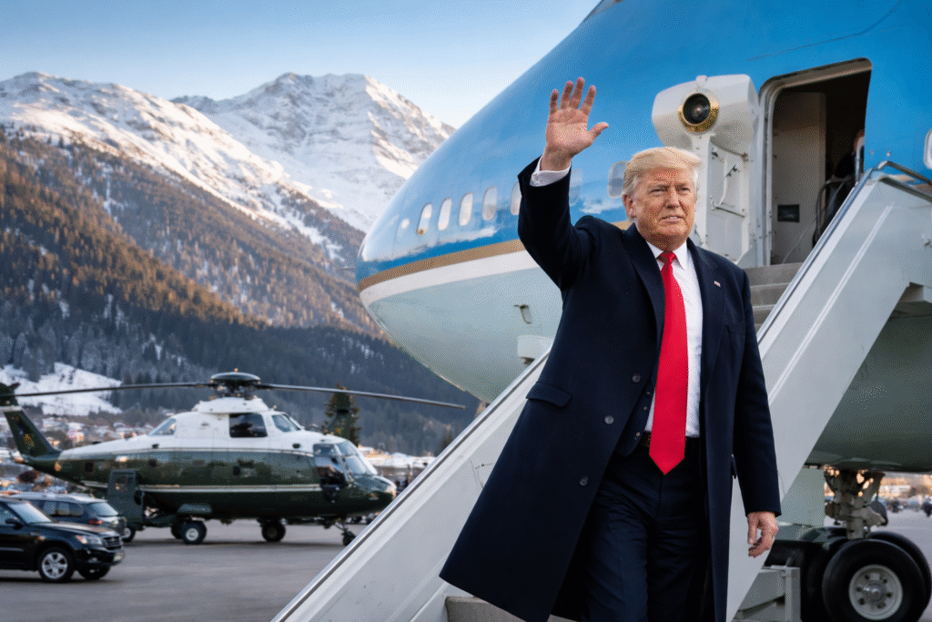 President Donald Trump waves while descending the steps of Air Force One at an airport near Davos, Switzerland, with snow-covered Alpine mountains and a military helicopter visible in the background.
