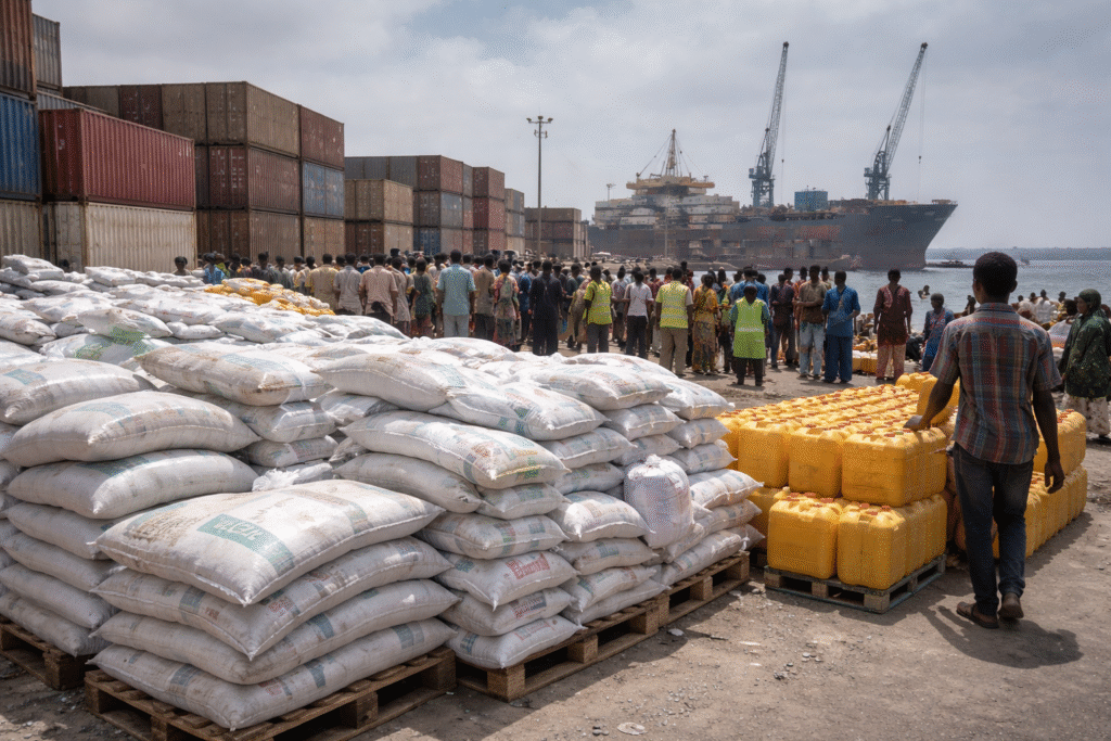Humanitarian aid supplies at a Somali port awaiting distribution as part of international assistance efforts