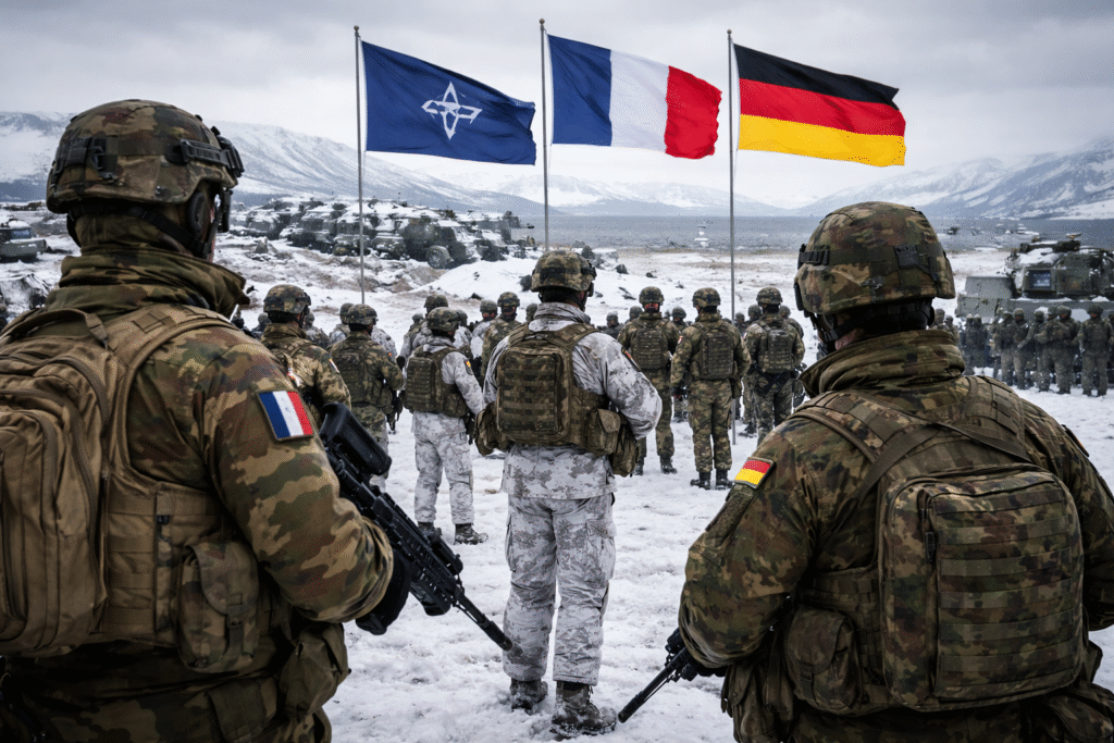 French and German soldiers participate in NATO military exercises in snow-covered Greenland, with alliance flags flying above troops and armored vehicles during Arctic drills.