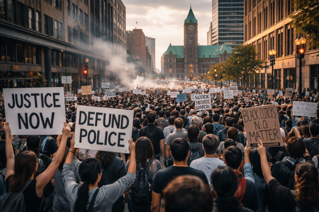 Peaceful demonstrators gathered in Minneapolis streets holding signs about justice and rights during a public protest.