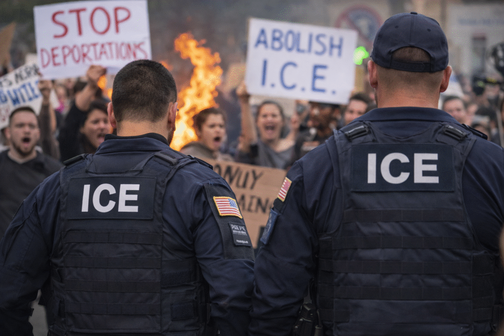 Two Immigration and Customs Enforcement agents wearing marked vests stand facing a crowd of protesters holding signs during a tense street demonstration, with flames visible in the background.
