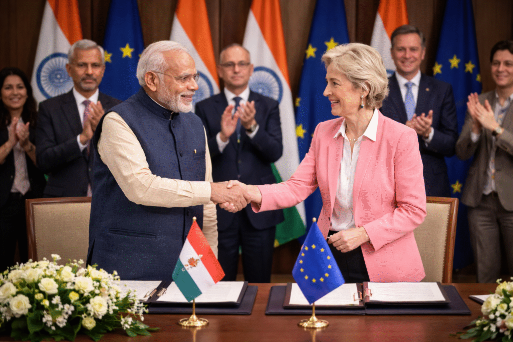 Photo-realistic image of leaders at a trade summit with Indian and European Union flags in the background, symbolizing the signing of a historic free trade agreement.