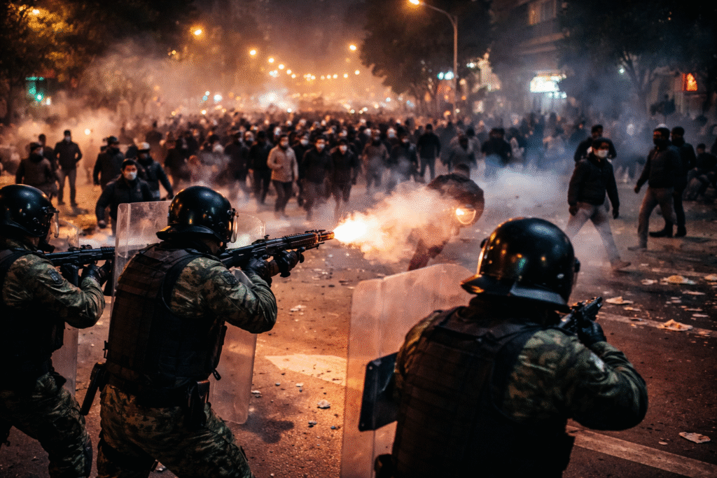 Riot police firing weapons toward a large crowd during a nighttime protest on a city street, with smoke, shields, and fleeing demonstrators visible under streetlights.