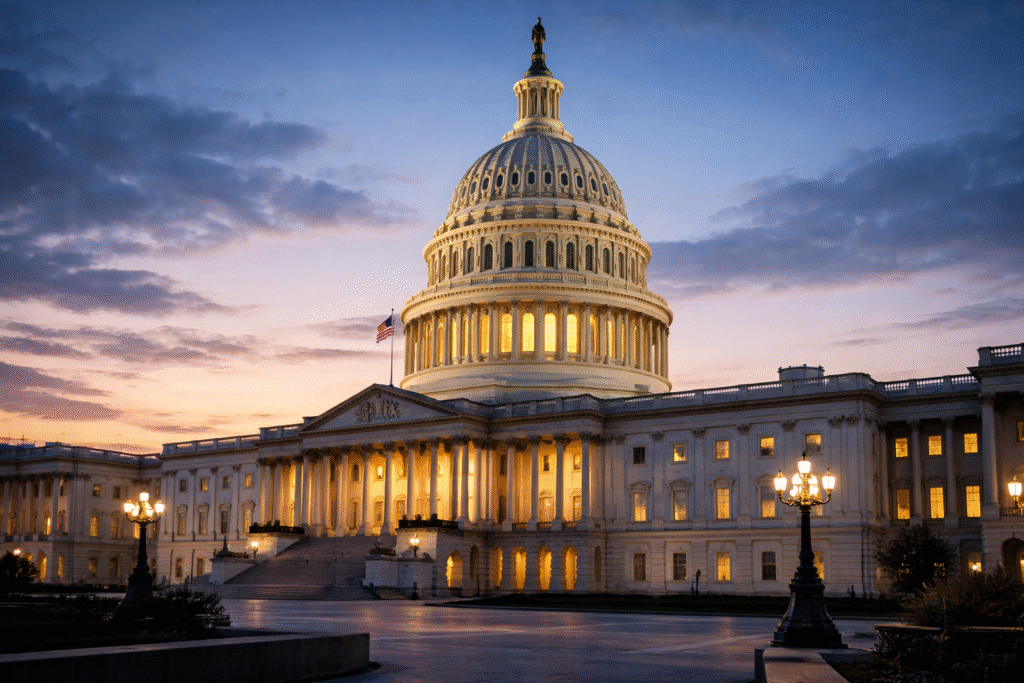 Exterior of the United States Capitol building in Washington, D.C., at dusk, symbolizing Senate negotiation and federal funding talks.