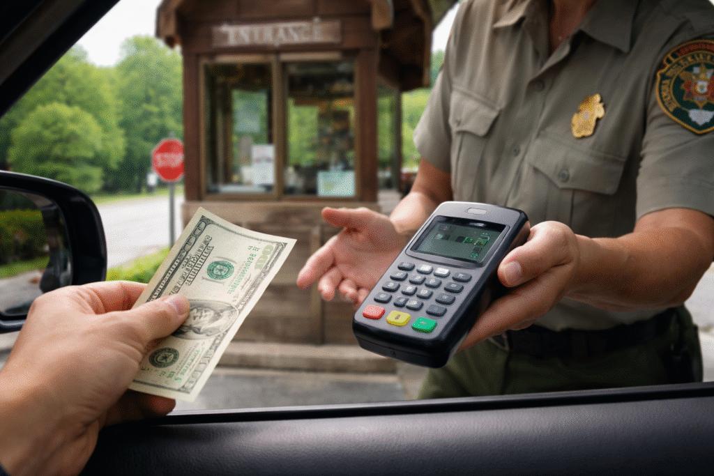 A U.S. National Park entrance booth where a visitor offers cash while the attendant gestures toward a card reader payment device.