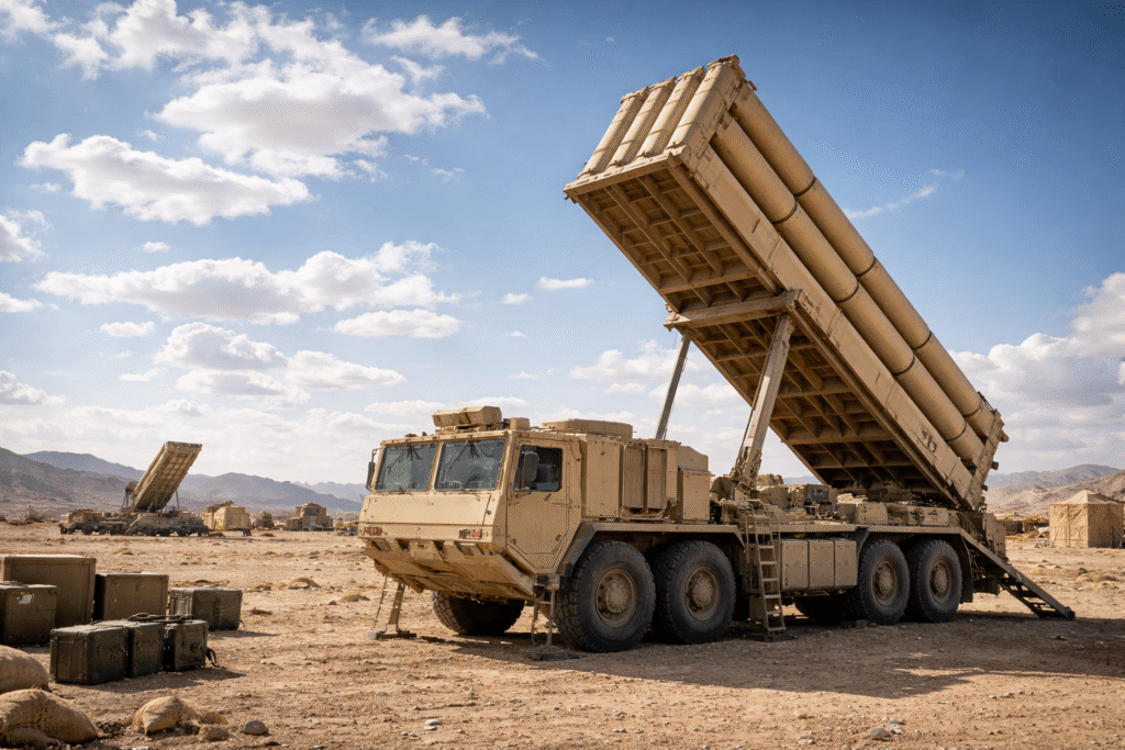 A Terminal High Altitude Area Defense (THAAD) missile launcher vehicle deployed on a testing range with sky above, illustrating expanded missile defense production.
