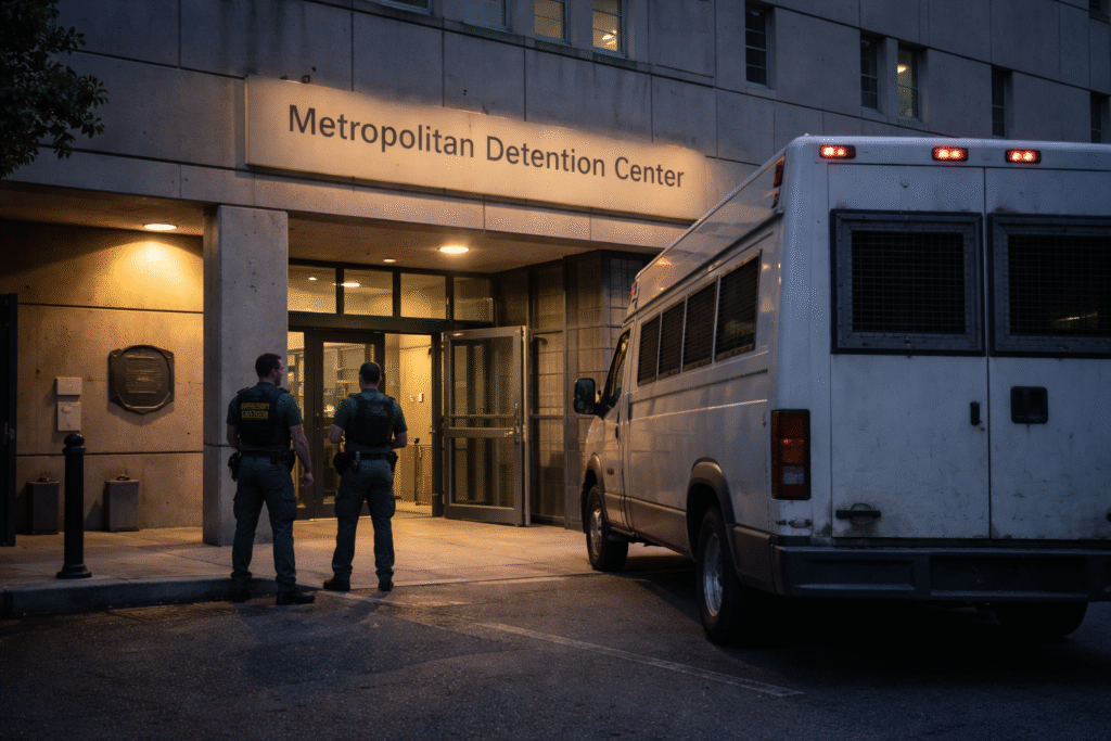 Exterior of Metropolitan Detention Center in Brooklyn with detention officers near entry and a federal transport van.