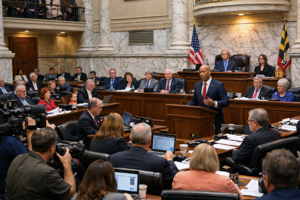 Maryland State House legislative chamber during redistricting debate with lawmakers and Governor speaking.