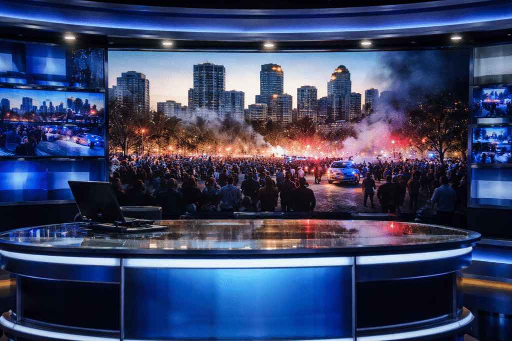 TV studio anchor desk with broadcast monitors showing national news coverage and an urban protest scene outside, symbolizing media reporting of Minneapolis unrest.