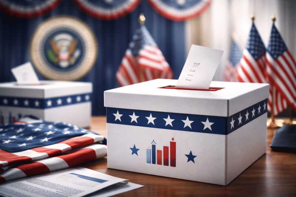 Realistic photo-style scene with ballot boxes, folded American flags, and subtle presidential symbols representing speculation about a future presidential term.