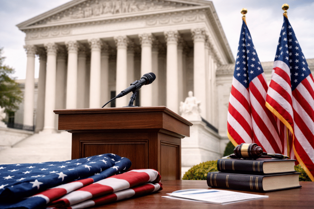 Photo-realistic image depicting the Supreme Court building with American flags and a neutral lectern symbolizing political discussion about judicial nominations.