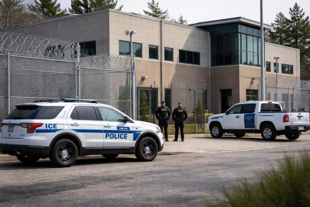 Exterior of an Immigration and Customs Enforcement facility in Maine with federal vehicles and perimeter fencing.