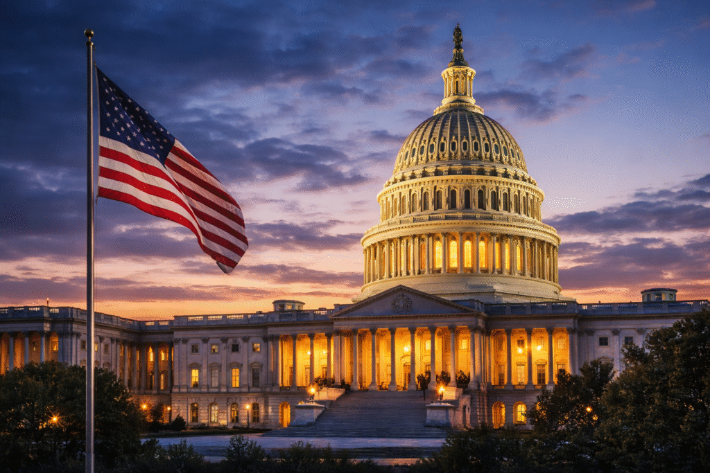 U.S. Capitol Building lit at dusk with an American flag in the foreground, representing congressional budget and immigration negotiations.
