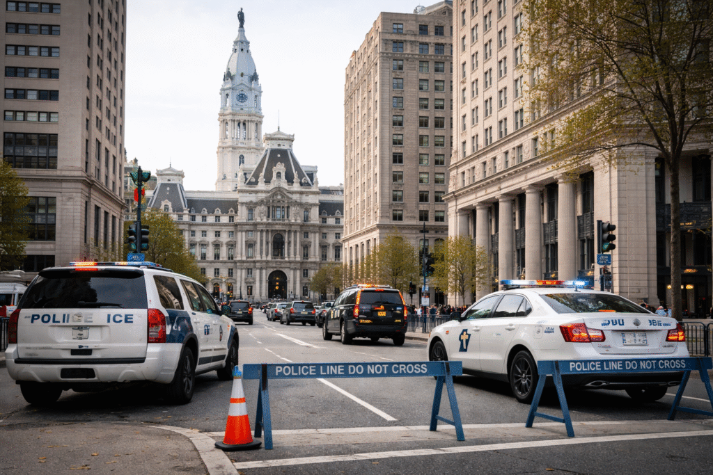 Exterior of Philadelphia City Hall with law enforcement vehicles and barriers on a public street, symbolizing civic tension around law enforcement dialogue.