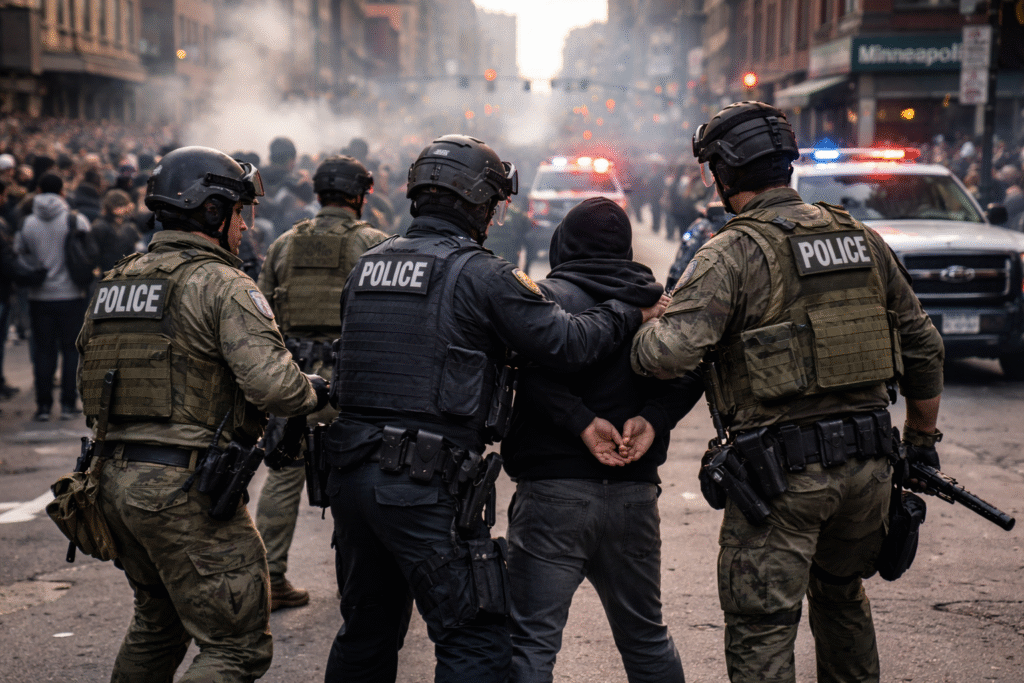 Photo-realistic image of a Minneapolis street scene with federal law enforcement officers detaining individuals during a protest, showing officers in tactical gear and a tense crowd.