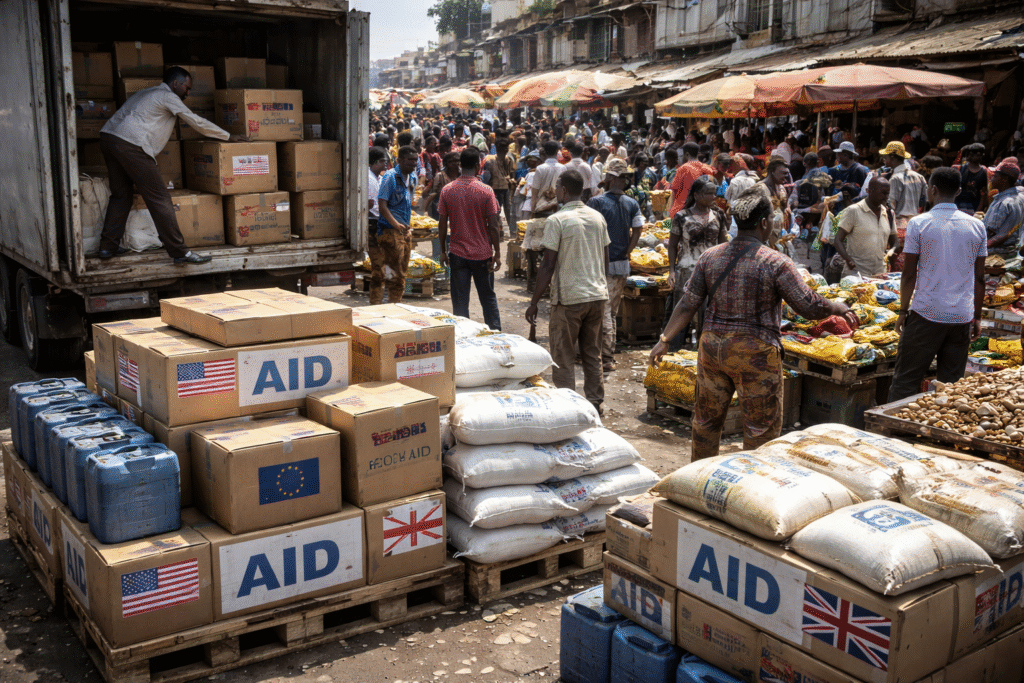 Photograph of a crowded African market scene with stacked aid crates and supplies being unloaded from a truck representing Western aid distribution.