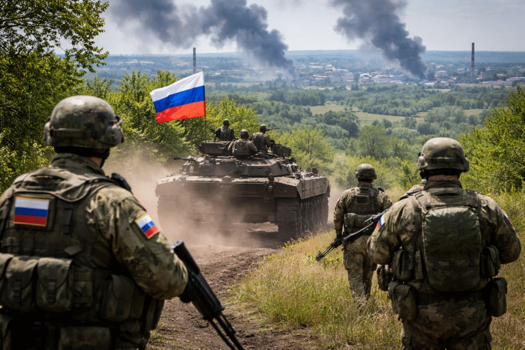 Russian soldiers in camouflage advance alongside an armored vehicle flying a Russian flag as smoke rises over the distant city of Kramatorsk in eastern Ukraine.