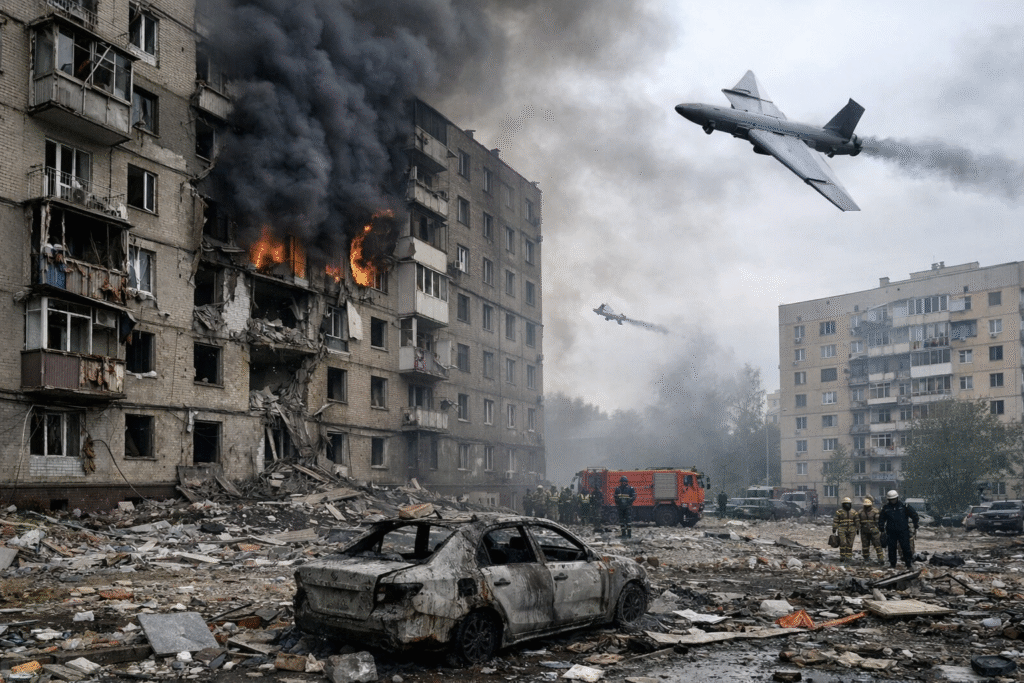 Damaged apartment buildings in Voronezh, Russia, with shattered windows, heavy smoke, debris-filled streets, and emergency responders working at the scene after a drone strike.