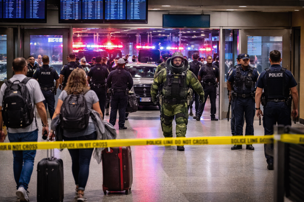 Police and bomb squad officers secure a terminal area at Miami International Airport as passengers evacuate past police tape during an investigation of a suspicious item.