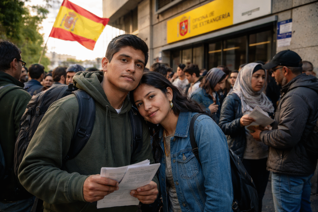 A group of migrants waits outside a Spanish government immigration office, with a young couple holding documents in the foreground and the Spanish flag visible above the building entrance.