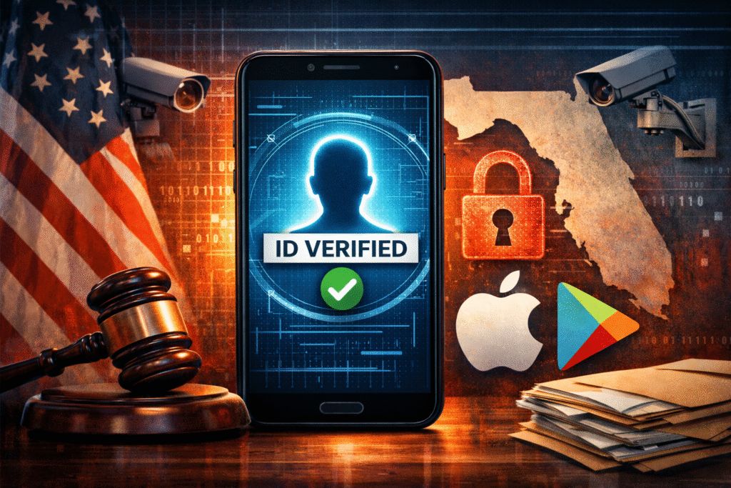 Digital illustration showing a smartphone displaying an “ID Verified” screen, with surveillance cameras, a padlock icon, the Florida state outline, a judge’s gavel, U.S. flag elements, and Apple and Google Play logos symbolizing app store identity verification and government oversight.