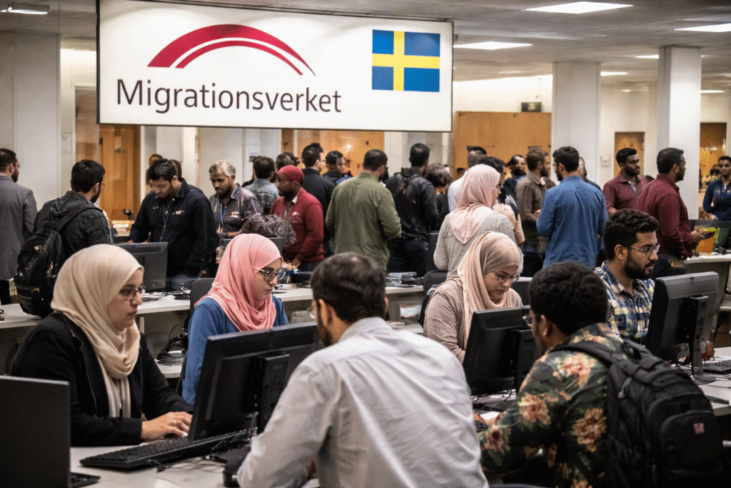 Interior of Sweden’s Migration Agency shows staff and applicants gathered at service counters beneath a Migrationsverket sign, with employees assisting visitors in a busy government office.