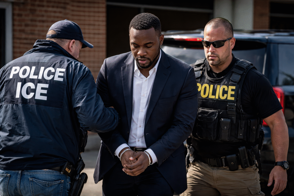 ICE agents escort former school superintendent Ian Andre Roberts in handcuffs outside a building, with law enforcement vehicles visible in the background.