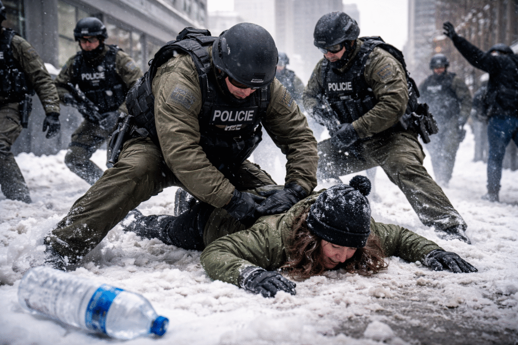 Federal law enforcement officers detain a protester face down in the snow outside a city building, with multiple agents in tactical gear surrounding the scene and a discarded plastic water bottle visible nearby.