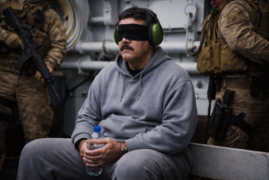 Blindfolded Venezuelan President Nicolas Maduro sits handcuffed aboard a U.S. Navy ship, wearing earmuffs and a gray sweatsuit while holding a water bottle, with armed U.S. military personnel standing nearby.
