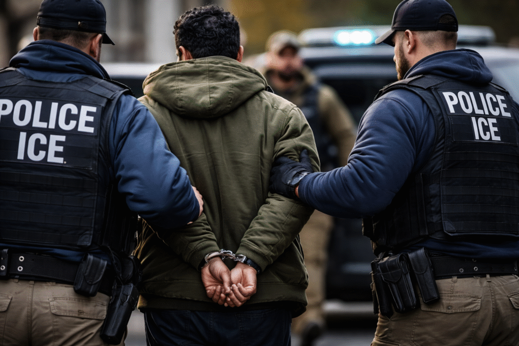 ICE agents detain a handcuffed man outdoors beside a law enforcement vehicle during an immigration enforcement operation.